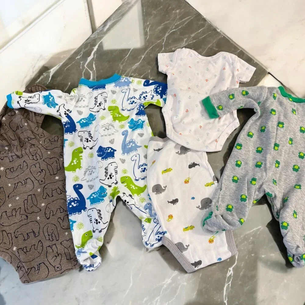 Newborn Size Baby Bundle 5 Piece Footies Bodysuits